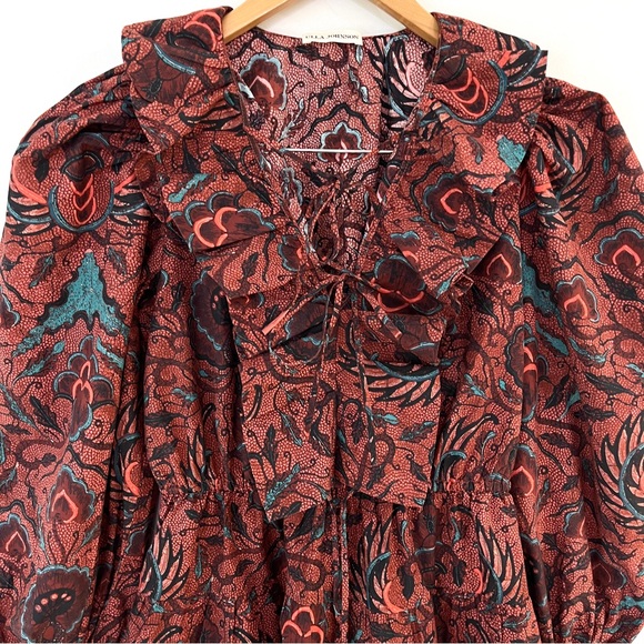 ULLA JOHNSON Caris Long Sleeve Ruffle Dress In Red Oversized Fit - Picture 3 of 15